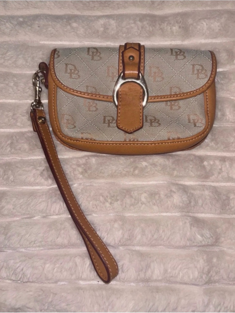 Dooney & Bourke Beige Logo Canvas and Tan Leather Wristlet